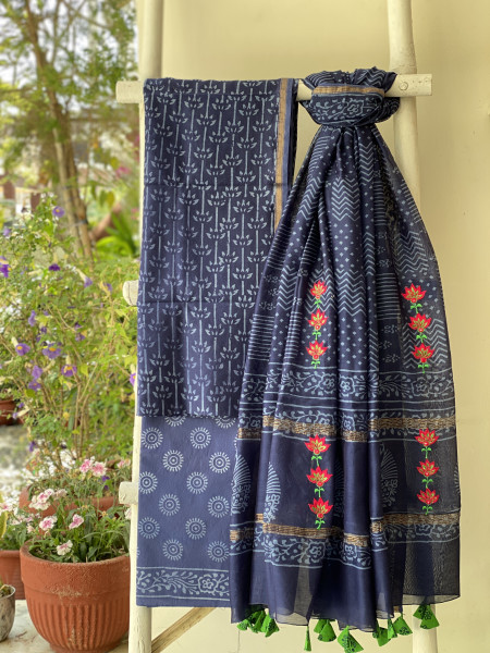 INDIGO CHANDERI COTTON BLOCK PRINT EMBROIDERED DUPATTA SET