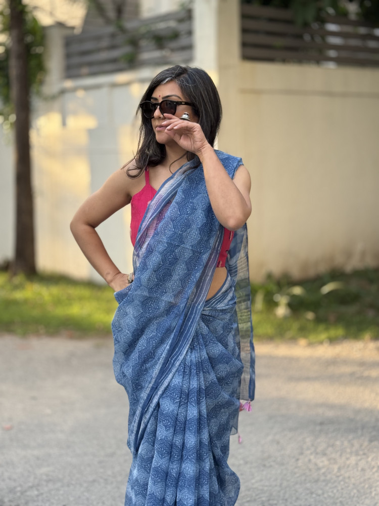 Image of INDIGO HAND BLOCK PRINT COTTON KOTA SARI