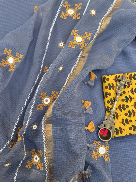 GREY  KOTA COTTON HAND EMBROIDERED SARI