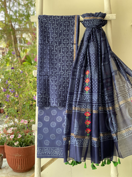 INDIGO CHANDERI COTTON BLOCK PRINT EMBROIDERED DUPATTA SET