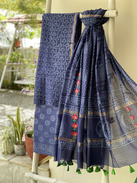 INDIGO CHANDERI COTTON BLOCK PRINT EMBROIDERED DUPATTA SET