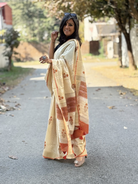 OFF WHITE-RUST  HAND BLOCK PRINT HANDLOOM SILK SARI