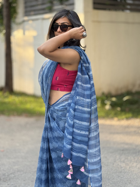 INDIGO HAND BLOCK PRINT COTTON KOTA SARI