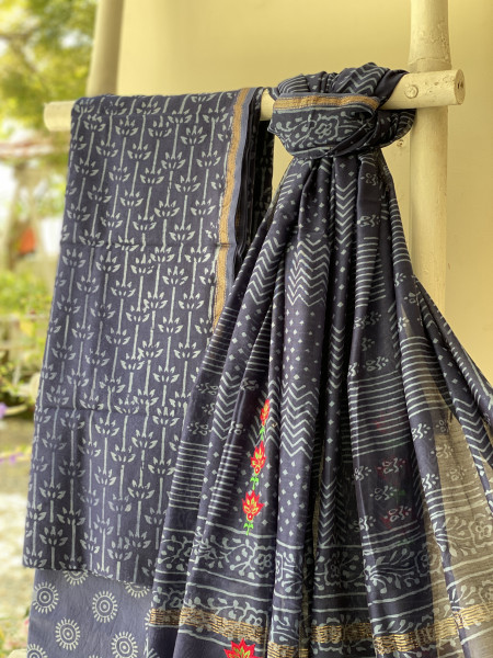 INDIGO CHANDERI COTTON BLOCK PRINT EMBROIDERED DUPATTA SET