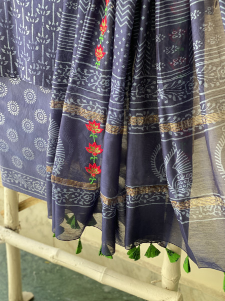 INDIGO CHANDERI COTTON BLOCK PRINT EMBROIDERED DUPATTA SET