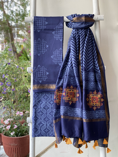 INDIGO CHANDERI COTTON BLOCK PRINT EMBROIDERED DUPATTA SET