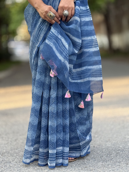 INDIGO HAND BLOCK PRINT COTTON KOTA SARI
