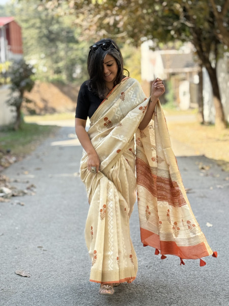 OFF WHITE-RUST  HAND BLOCK PRINT HANDLOOM SILK SARI