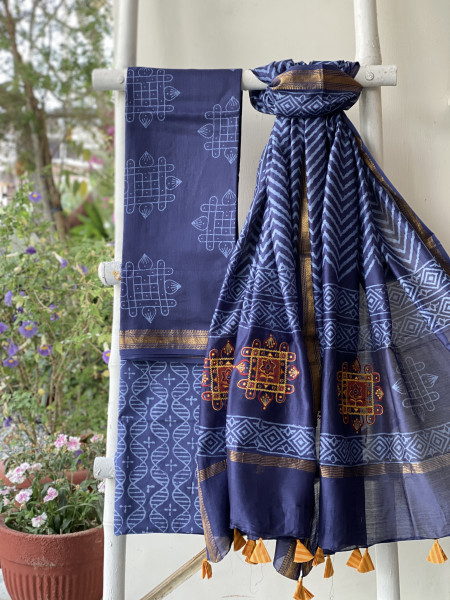 INDIGO CHANDERI COTTON BLOCK PRINT EMBROIDERED DUPATTA SET