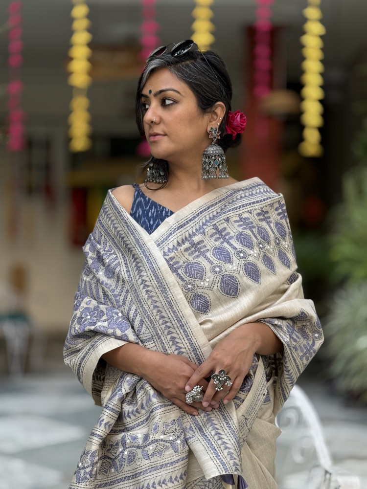 Image of BEIGE KANTHA HAND EMBROIDERED MUGA SILK SARI