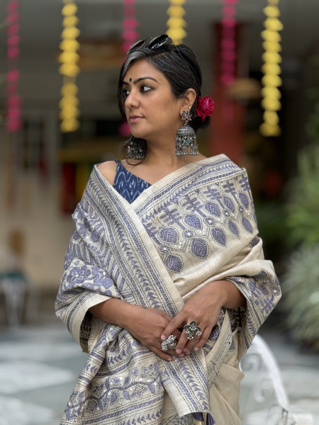 BEIGE KANTHA HAND EMBROIDERED MUGA SILK SARI