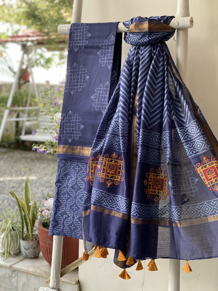 INDIGO CHANDERI COTTON BLOCK PRINT EMBROIDERED DUPATTA SET
