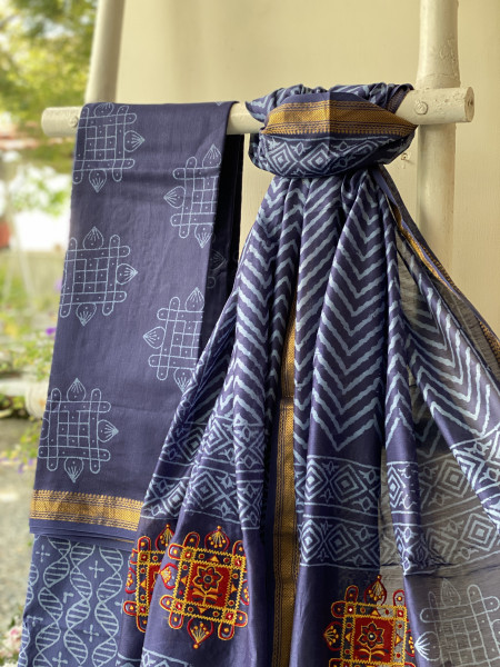 INDIGO CHANDERI COTTON BLOCK PRINT EMBROIDERED DUPATTA SET
