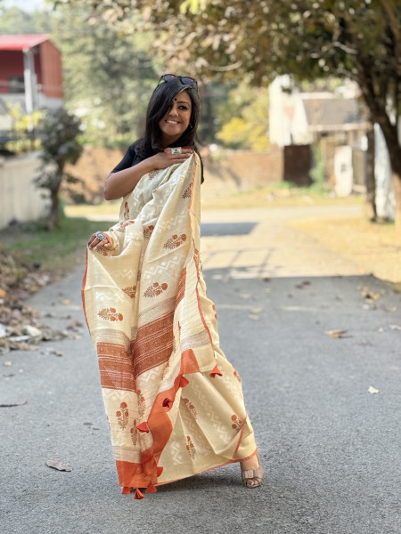 OFF WHITE-RUST  HAND BLOCK PRINT HANDLOOM SILK SARI