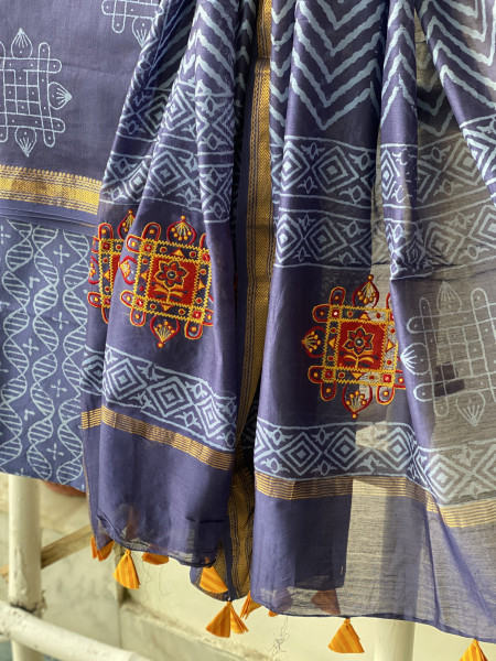 INDIGO CHANDERI COTTON BLOCK PRINT EMBROIDERED DUPATTA SET