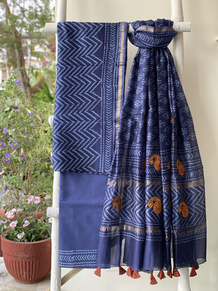 INDIGO CHANDERI COTTON BLOCK PRINT EMBROIDERED DUPATTA SET