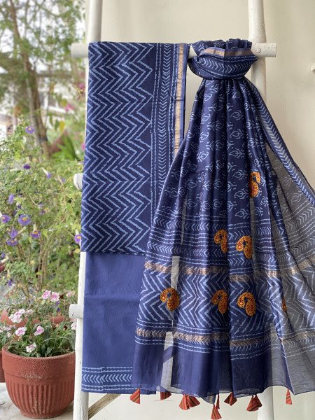 INDIGO CHANDERI COTTON BLOCK PRINT EMBROIDERED DUPATTA SET