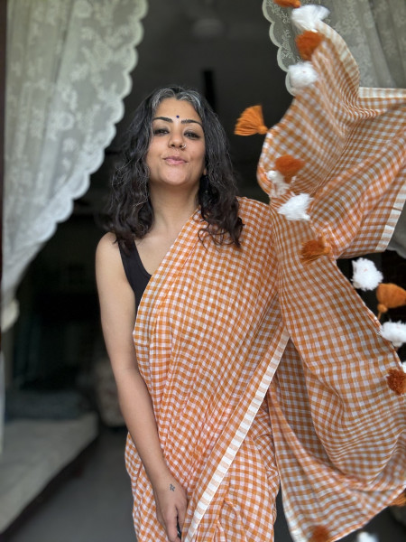 YELLOW GINGHAM CHECKS  MULMUL COTTON SARI