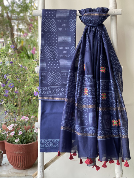 INDIGO CHANDERI COTTON BLOCK PRINT EMBROIDERED DUPATTA SET