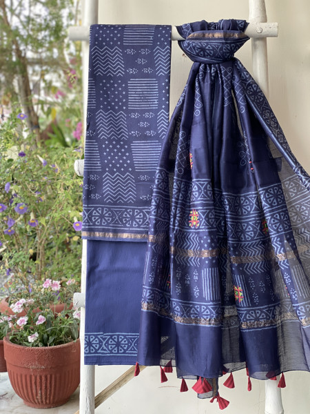 INDIGO CHANDERI COTTON BLOCK PRINT EMBROIDERED DUPATTA SET