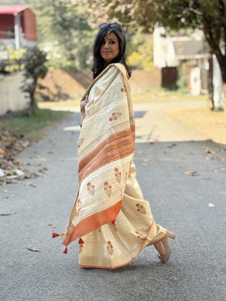 OFF WHITE-RUST  HAND BLOCK PRINT HANDLOOM SILK SARI