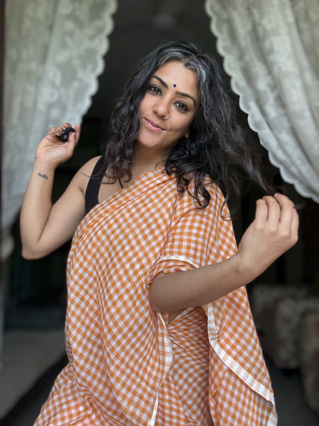 YELLOW GINGHAM CHECKS  MULMUL COTTON SARI