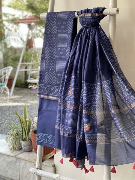 INDIGO CHANDERI COTTON BLOCK PRINT EMBROIDERED DUPATTA SET