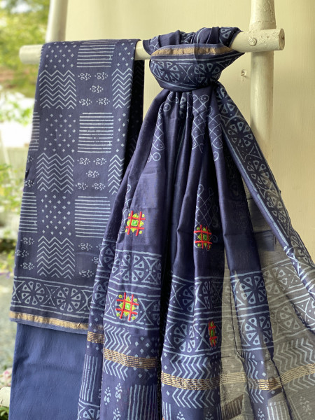 INDIGO CHANDERI COTTON BLOCK PRINT EMBROIDERED DUPATTA SET