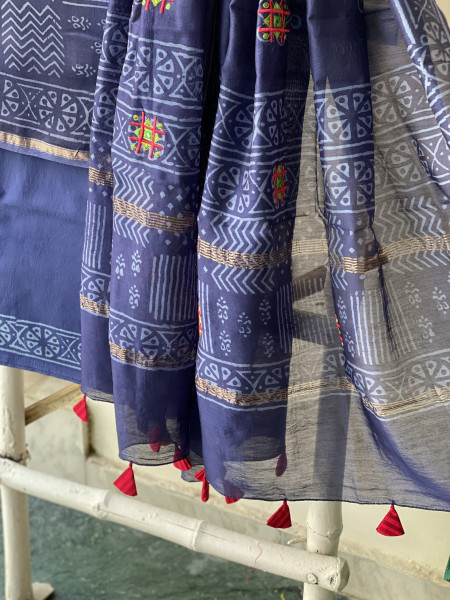 INDIGO CHANDERI COTTON BLOCK PRINT EMBROIDERED DUPATTA SET
