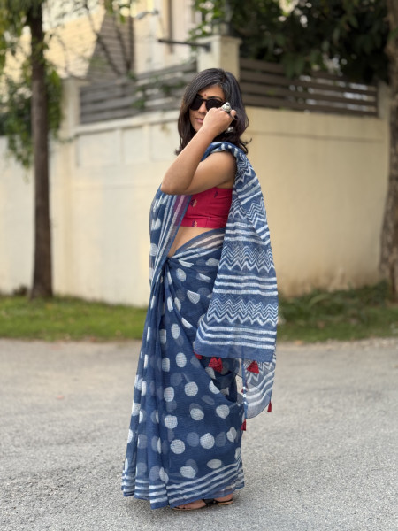 INDIGO HAND BLOCK PRINT COTTON KOTA SARI