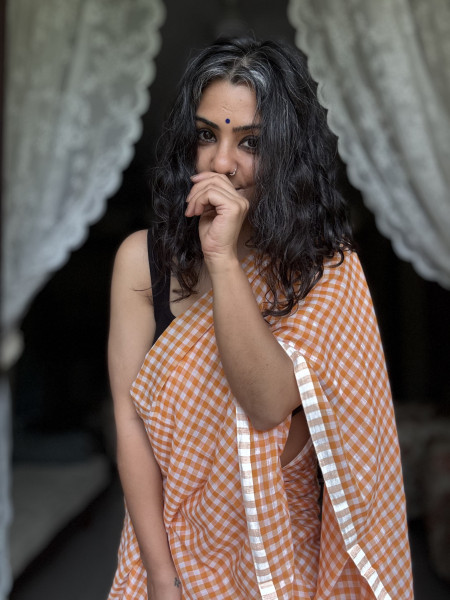 YELLOW GINGHAM CHECKS  MULMUL COTTON SARI