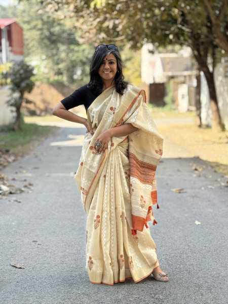 OFF WHITE-RUST  HAND BLOCK PRINT HANDLOOM SILK SARI