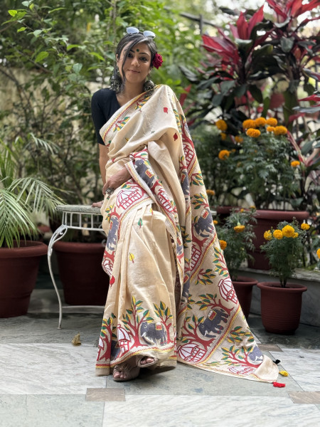 BEIGE KANTHA HAND EMBROIDERED TUSSAR  SILK SARI