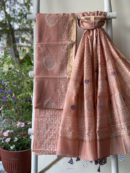 PEACH CHANDERI COTTON BLOCK PRINT EMBROIDERED DUPATTA SET