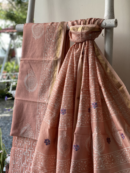 PEACH CHANDERI COTTON BLOCK PRINT EMBROIDERED DUPATTA SET