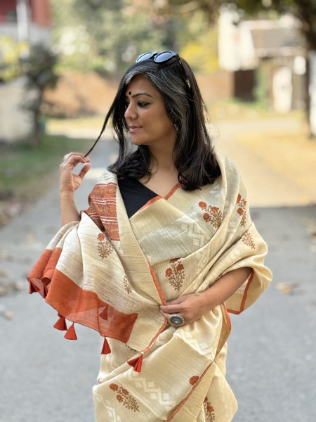 OFF WHITE-RUST  HAND BLOCK PRINT HANDLOOM SILK SARI