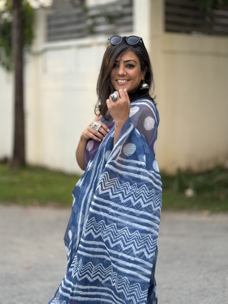 Image of INDIGO HAND BLOCK PRINT COTTON KOTA SARI