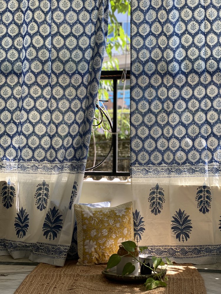 BLUE Cotton Block Print Window Curtain-5ft