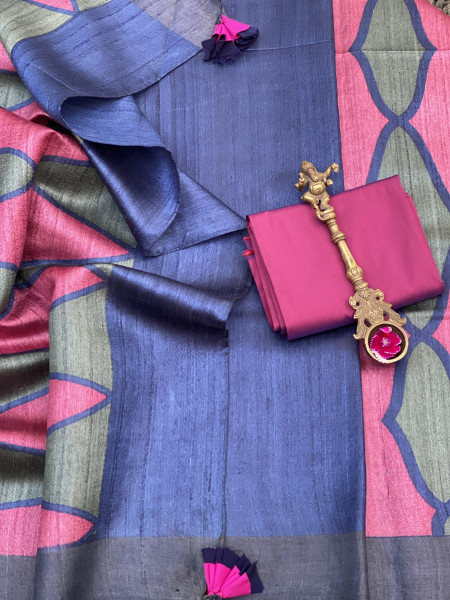 MAGENTA-SAGE BLOCK PRINT TUSSAR SILK SARI