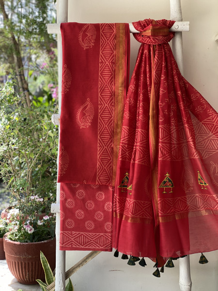 RED CHANDERI COTTON BLOCK PRINT EMBROIDERED DUPATTA SET
