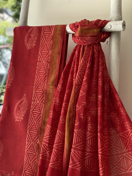 RED CHANDERI COTTON BLOCK PRINT EMBROIDERED DUPATTA SET