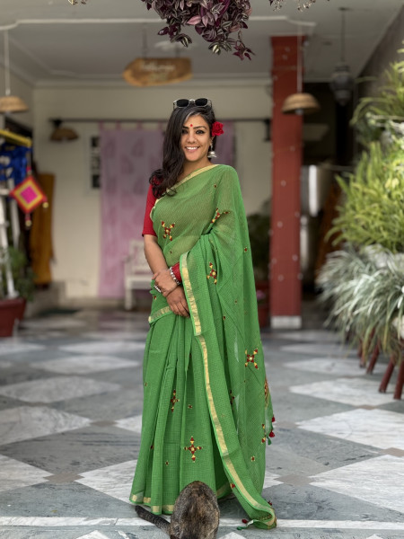 GREEN KOTA COTTON HAND EMBROIDERED SARI