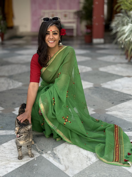 GREEN KOTA COTTON HAND EMBROIDERED SARI