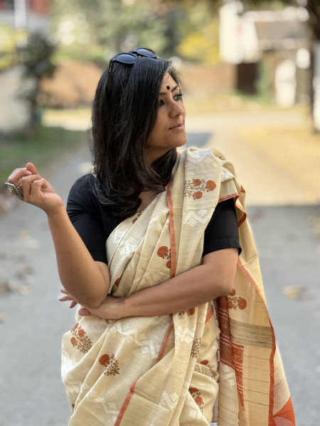 OFF WHITE-RUST  HAND BLOCK PRINT HANDLOOM SILK SARI