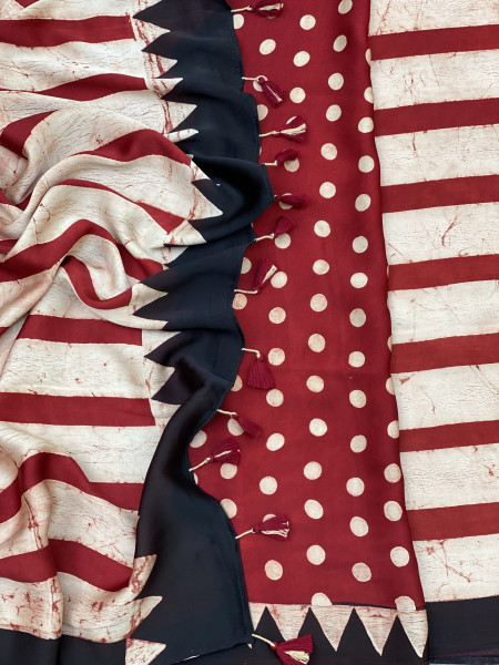 RED-BEIGE MODAL SILK AJRAKH BLOCK PRINT SARI