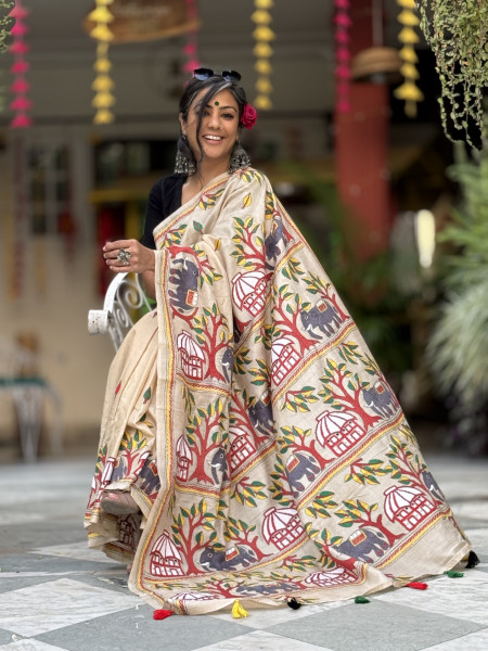 BEIGE KANTHA HAND EMBROIDERED TUSSAR  SILK SARI