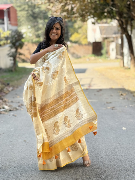 OFF WHITE-YELLOW  HAND BLOCK PRINT HANDLOOM SILK SARI