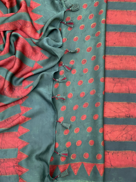 MAROON-BOTTLE GREEN MODAL SILK AJRAKH BLOCK PRINT SARI