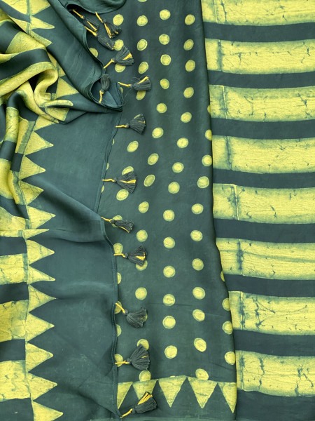 GREEN-YELLOW MODAL SILK AJRAKH BLOCK PRINT SARI