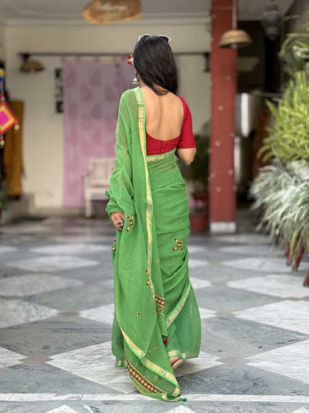 GREEN KOTA COTTON HAND EMBROIDERED SARI